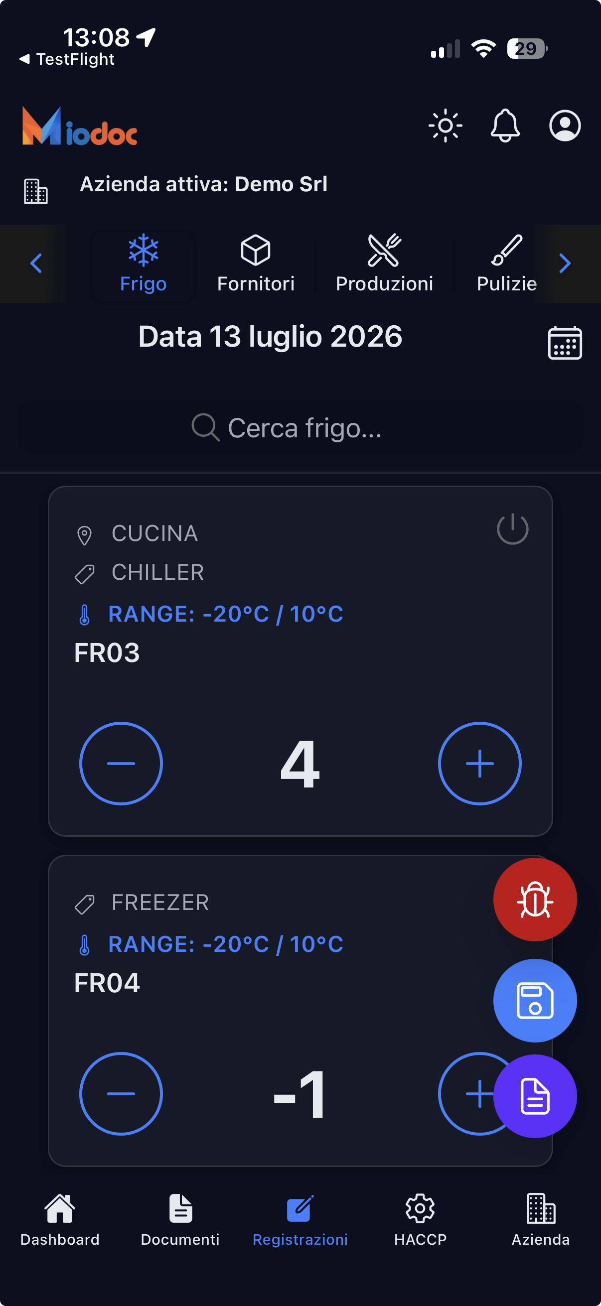 Registrazioni frigo HACCP